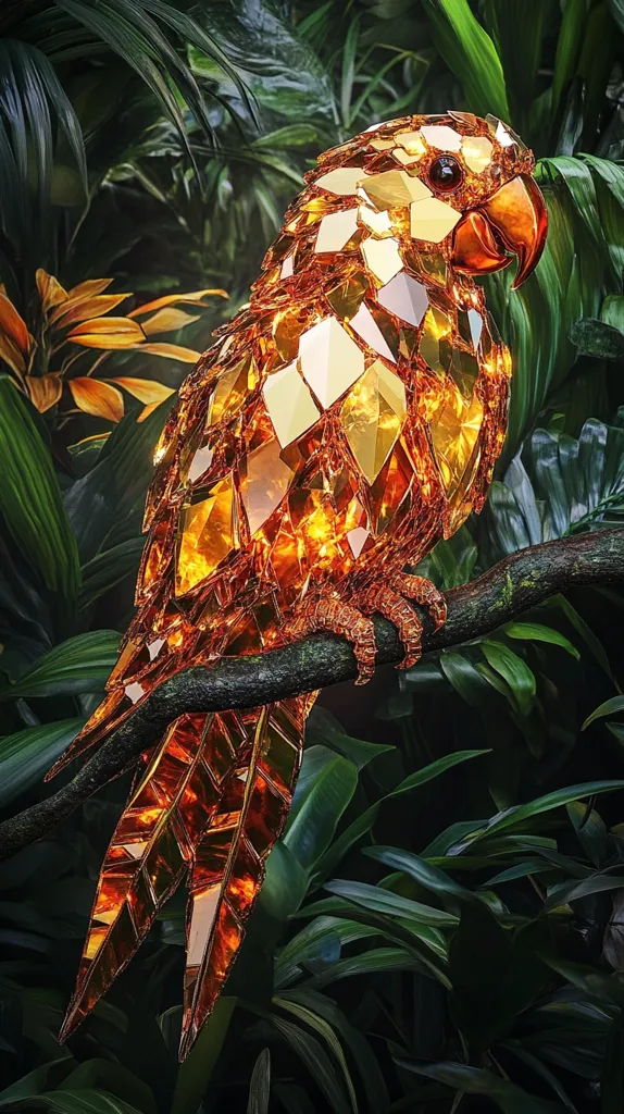 A stunning, amber-colored parrot sculpture is perched on a branch amidst lush, tropical foliage.  The parrot's body is composed of numerous intricately arranged, faceted pieces, giving it a crystalline, almost jewel-like appearance.  The warm light emanating from within the sculpture accentuates its texture and detail, creating a striking contrast against the dark green leaves. The overall image evokes a sense of opulence and natural beauty.