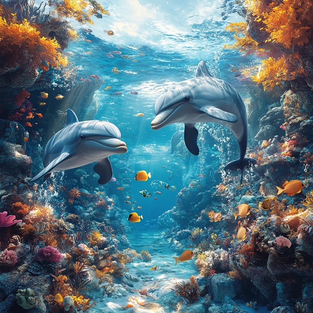 Two dolphins gracefully swim through a vibrant coral reef, sunlight dappling the water above.  Colorful fish dart between the coral formations, creating a lively underwater scene.  Golden and orange hues accentuate the coral's intricate structures, while the dolphins' sleek forms contrast beautifully against the rich blues of the ocean.  The image evokes a sense of serenity and the beauty of the underwater world.