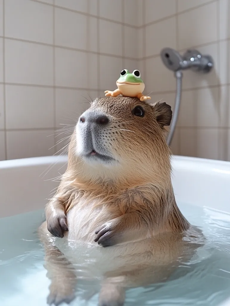 A capybara enjoys a relaxing bath, its fluffy brown fur partially submerged in the water.  A small, green frog figurine sits perched atop its head, adding a whimsical touch to the scene. The capybara appears calm and content, its paws neatly resting on its belly. The bathtub is clean and white, set against a simple tiled background.