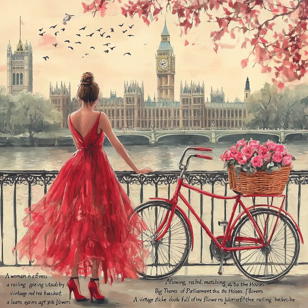 A woman in a red dress stands at a railing overlooking the River Thames in London.  Big Ben and the Houses of Parliament are in the background. A vintage red bicycle with a basket of pink roses is parked nearby.  The scene is idyllic and romantic, painted in a soft, impressionistic style.  Birds fly in the sky above.