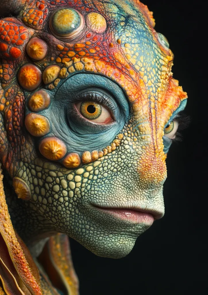 A close-up reveals a meticulously crafted alien creature, its skin a vibrant tapestry of teal, orange, and yellow hues.  The texture is remarkably detailed, mimicking reptilian scales and bumpy protrusions.  Large, expressive eyes with golden irises gaze intensely, adding to the creature's otherworldly allure. The overall effect is a stunning example of artistic skill and imaginative design.