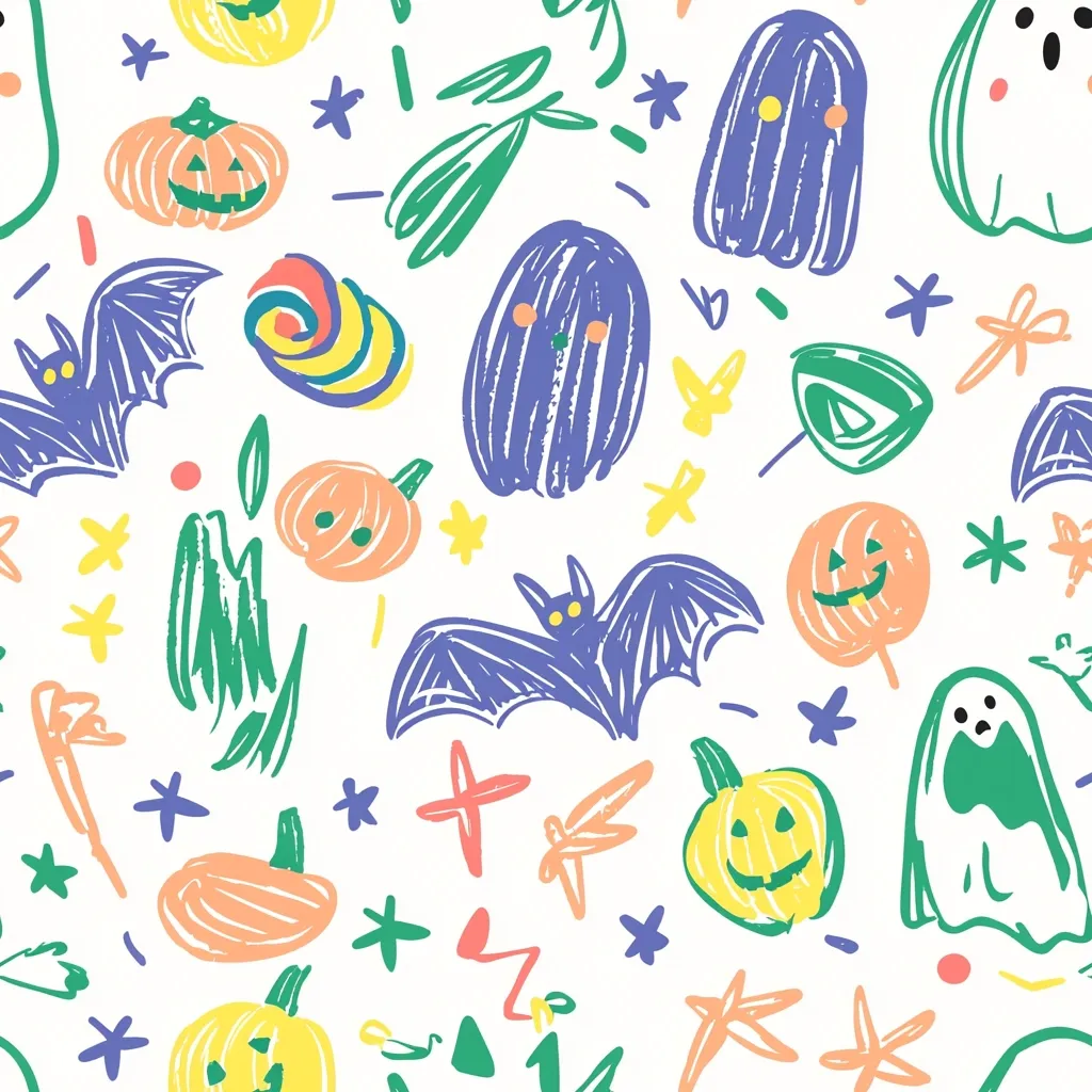 A whimsical Halloween-themed seamless pattern features hand-drawn illustrations of pumpkins, ghosts, bats, and candy.  The style is childlike and playful, with crayon-like textures and pastel colors.  Stars and other abstract shapes fill the spaces between the Halloween icons, creating a cheerful and festive design.  The pattern is ideal for fabrics, wrapping paper, or digital designs.
