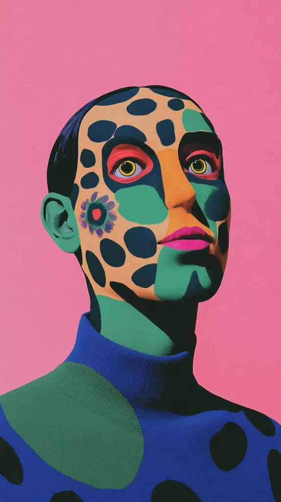 A stylized portrait showcases a person with vibrant face paint resembling abstract animal print.  The bold colors—teal, orange, black, and pink—create a striking contrast against a solid pink background.  The individual wears a blue turtleneck sweater with similar abstract patterns. The overall effect is bold, graphic, and contemporary.