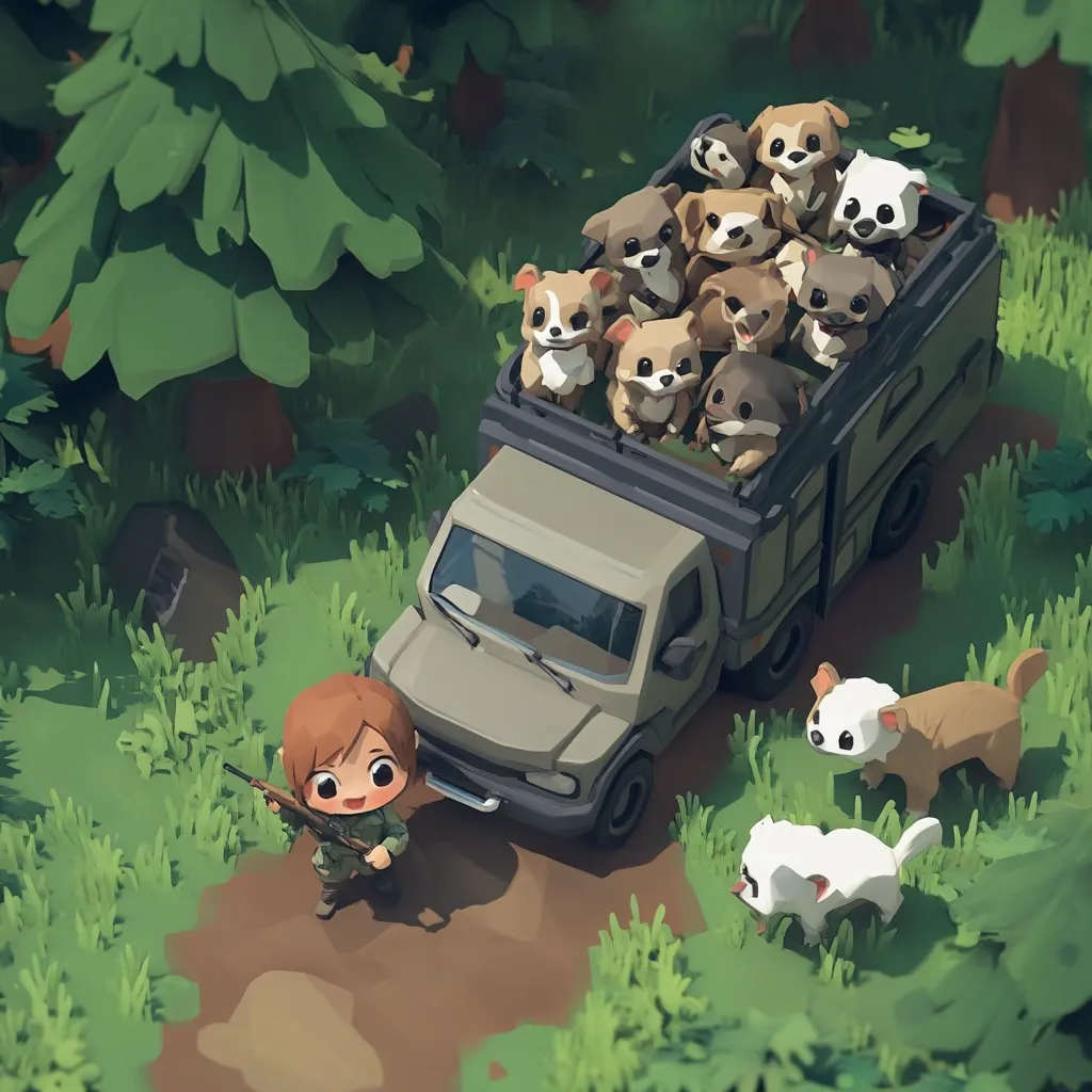 A stylized illustration depicts a young girl with a rifle standing near a truck filled with numerous cute, cartoonish dogs.  Two more dogs are visible nearby on the ground, in a lush green forest setting. The overall style is reminiscent of a video game, with low-poly, simplified graphics. The scene is peaceful and charming.
