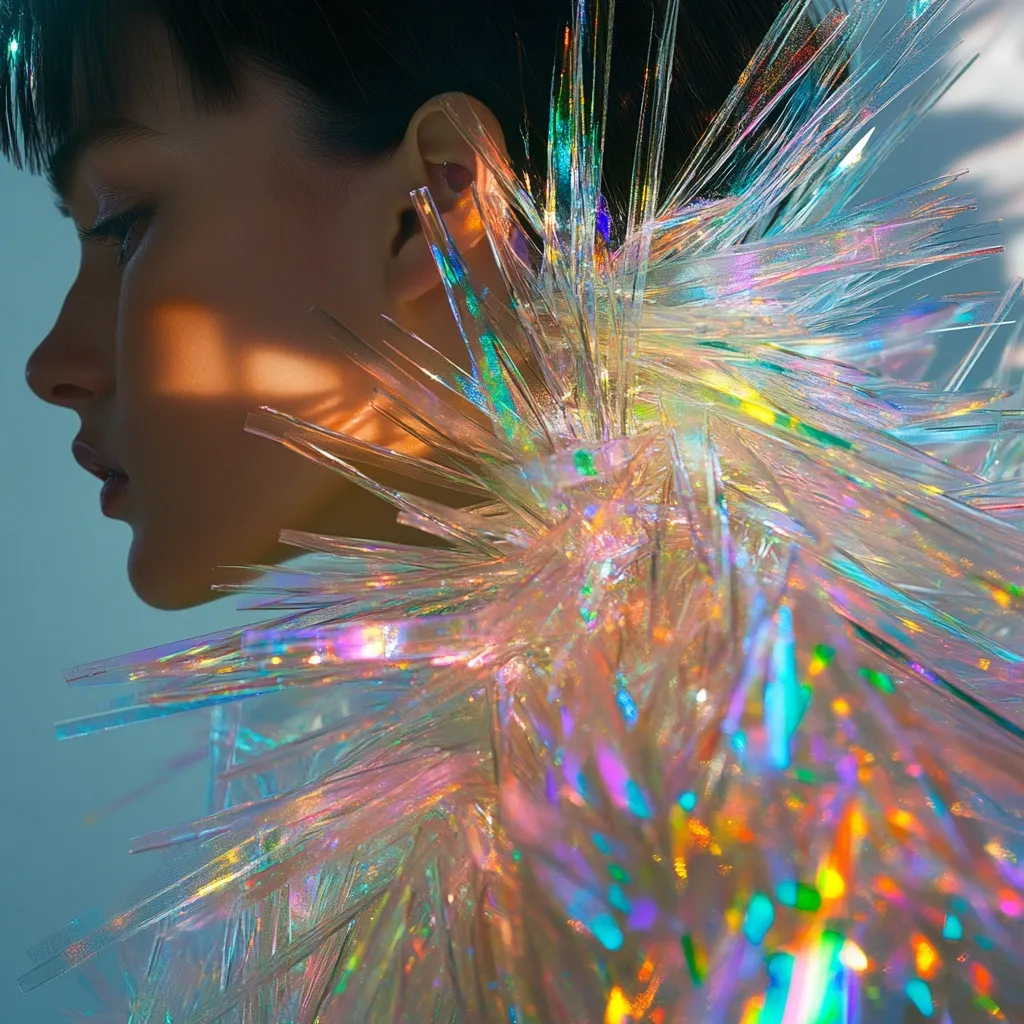 A profile view of a woman with short dark hair, her face subtly illuminated.  She wears a striking iridescent garment resembling a futuristic, spiky collar or cape. The garment's material is translucent, showcasing a rainbow of colors refracted from the light. The overall aesthetic is ethereal and otherworldly.