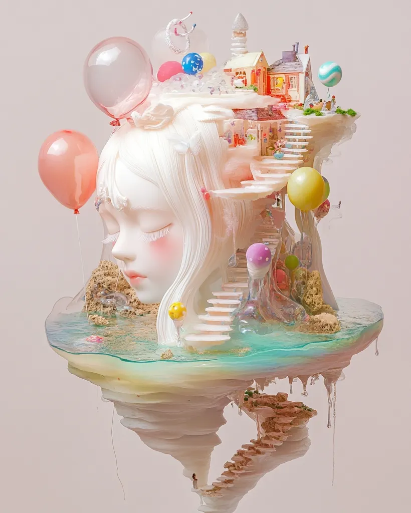A whimsical sculpture features a serene girl's face forming a miniature island.  Pastel-colored balloons float above a charming village nestled within the girl's hair, cascading down stairs to a tranquil pool.  The island, seemingly floating on water, is adorned with delicate details and pastel hues, creating a dreamy, ethereal atmosphere.  Tiny figures add to the magical scene's scale.