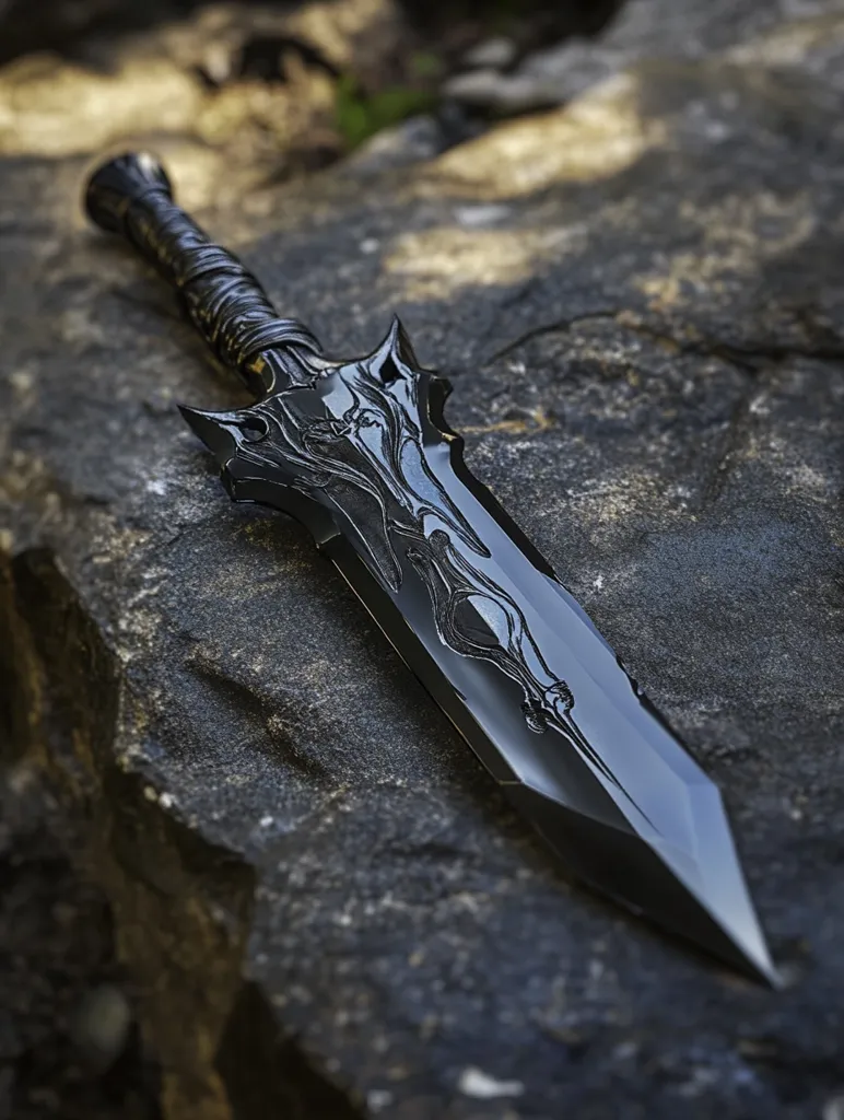 A dark, intricately carved dagger rests on a rough, dark gray stone.  The blade is long and slender, tapering to a sharp point.  Intricate designs, possibly floral or skeletal in nature, adorn the blade's surface.  The hilt is wrapped in a dark material, giving the weapon a formidable and slightly ominous appearance. The overall aesthetic suggests a fantasy or dark fantasy setting.