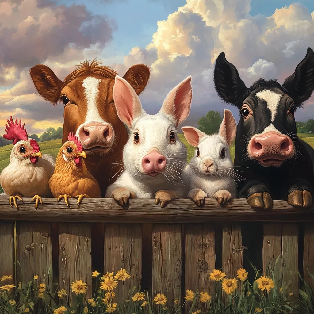 A charming illustration depicts a cow, a piglet, a rabbit, and two chickens peering over a rustic wooden fence.  The animals are rendered with lifelike detail, their expressions conveying curiosity and friendliness.  The background shows a pastoral landscape under a partly cloudy sky, enhancing the idyllic farm setting. Yellow wildflowers bloom at the base of the fence.