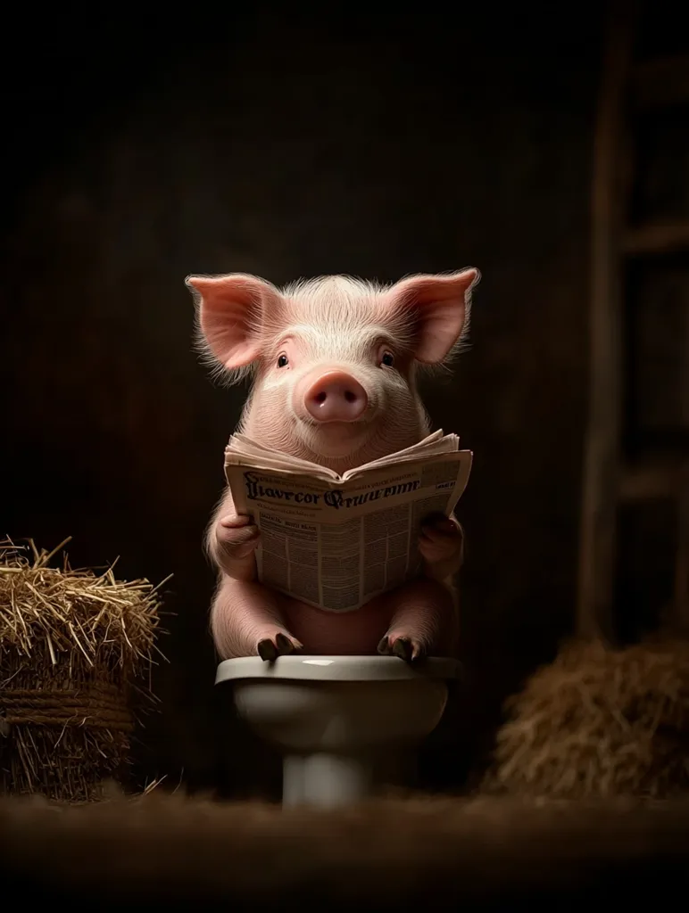 A piglet sits on a toilet, engrossed in reading a newspaper.  The scene is dimly lit, with bales of hay in the background, creating a rustic and humorous contrast. The piglet's expression is serene, adding to the whimsical nature of the image.  The overall mood is playful and slightly surreal.