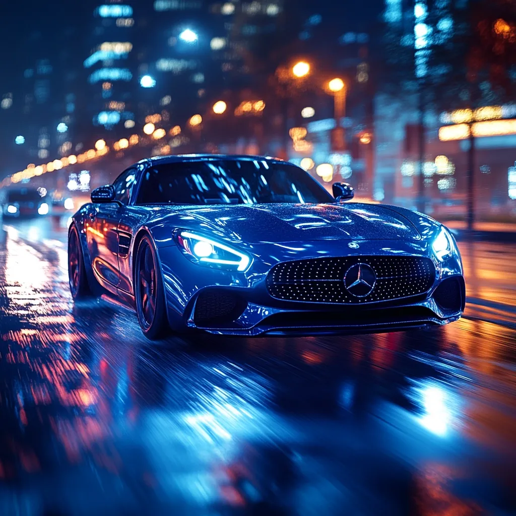 A vibrant blue Mercedes-AMG GT sports car speeds through a rain-slicked city street at night.  The city's colorful lights blur in the background, creating a dynamic, high-speed impression.  The car's wet surface reflects the neon glow, enhancing its sleek design and powerful presence.  Rain streaks across the road, adding to the sense of motion and energy.