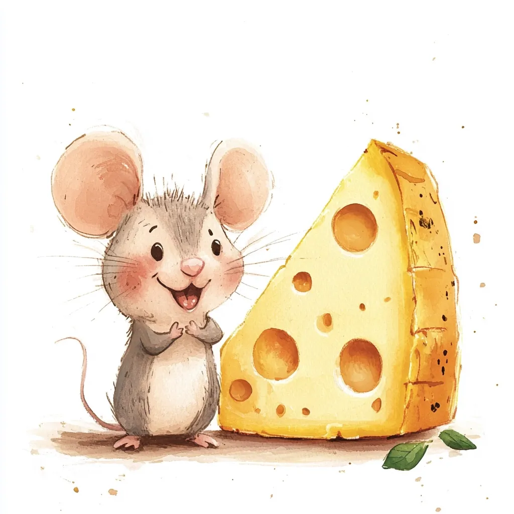 A charming watercolor illustration depicts a small, gray mouse standing next to a large wedge of Swiss cheese. The mouse has large ears, rosy cheeks, and a cheerful expression. Its paws are clasped together, as if in anticipation. The cheese is brightly colored, with distinct holes, and sits on a light brown surface, adorned with a few green leaves. The overall style is whimsical and childlike.
