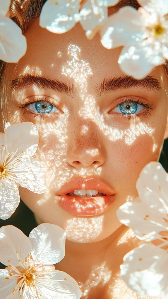 Close-up of a young woman's face, partially obscured by delicate white blossoms.  Sunlight filters through the flowers, creating a dappled effect on her skin.  Her eyes are a striking blue, and her complexion is fair with subtle freckles. The overall image evokes a feeling of springtime freshness and beauty.