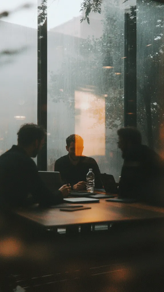 Three individuals sit at a table near a large window overlooking a rainy, tree-lined scene.  The room is dimly lit, casting shadows on the figures.  A bottle of water sits on the table amidst papers and laptops. The overall mood is somber and contemplative, enhanced by the muted light and the weather outside.  The scene evokes a feeling of quiet concentration and perhaps a business meeting.
