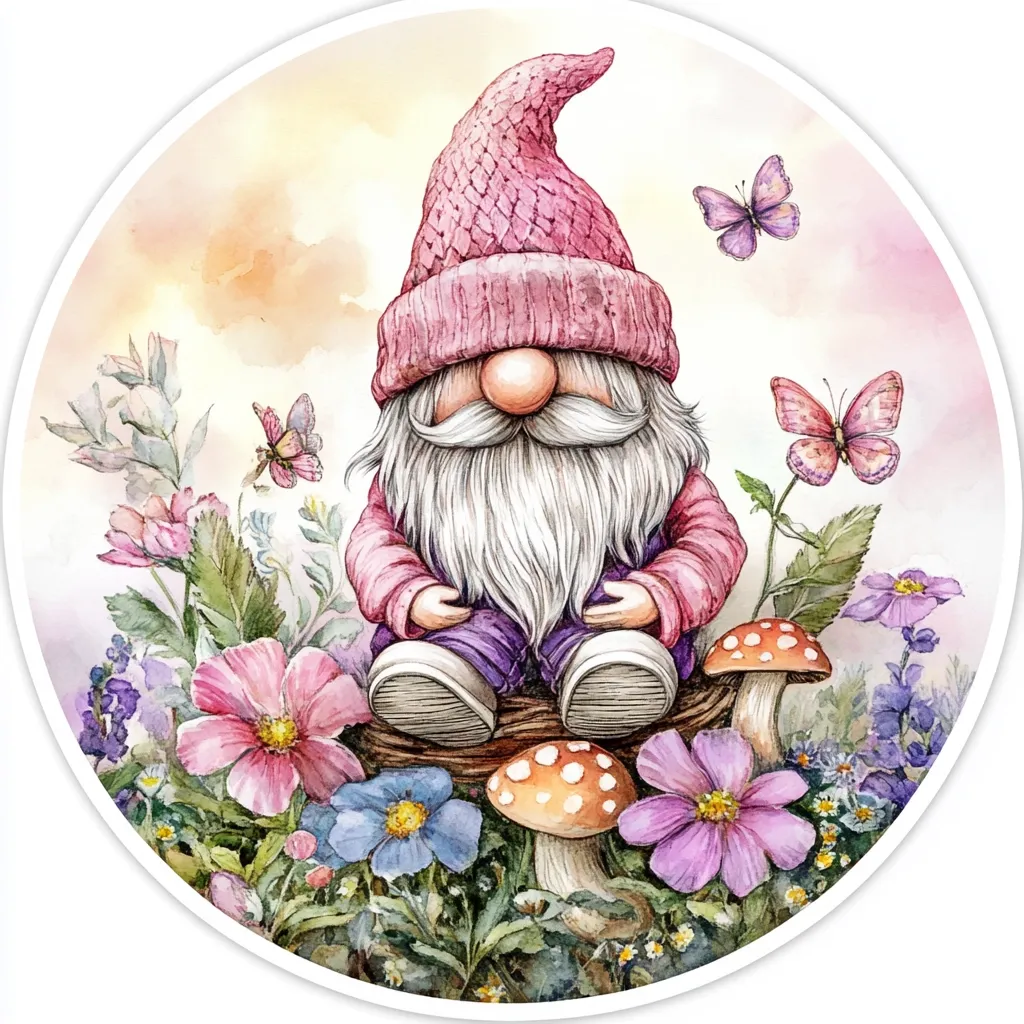 A watercolor illustration depicts a charming gnome wearing a pink hat and purple pants, serenely seated on a mossy log amidst vibrant wildflowers and toadstools.  Butterflies flutter nearby, adding to the whimsical, spring-like scene. The gnome's expression is peaceful, contributing to the overall serene and magical atmosphere of the artwork. The circular composition is framed by a delicate white border.