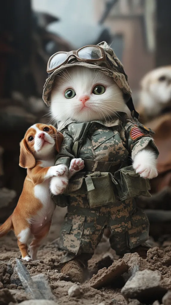 A white kitten, dressed in a camouflage military uniform and aviator goggles, gently holds a small beagle puppy.  The heartwarming scene is set amidst rubble, suggesting a post-disaster setting.  The kitten's protective stance over the puppy creates a touching image of unlikely companionship and resilience.  The American flag patch on the uniform adds a patriotic touch to the digitally altered photograph.
