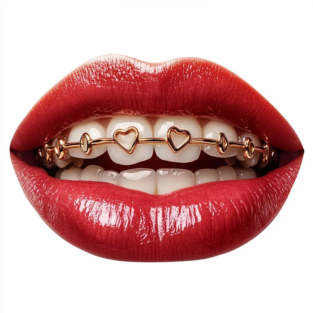 Close-up of a mouth with red lipstick showcasing gold braces adorned with small heart shapes.  The teeth are white and even. The image is set against a stark white background, highlighting the vibrant color contrast and luxurious detail of the heart-shaped orthodontic embellishments.