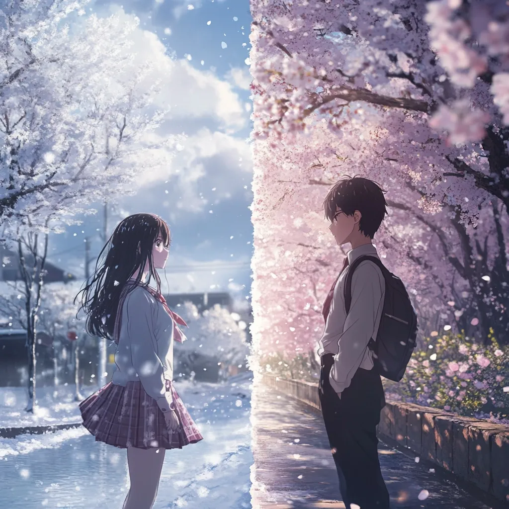 A captivating anime illustration depicts a young woman in a winter scene, facing a young man standing amidst blossoming cherry trees.  Snow gently falls around the girl, contrasting with the vibrant pink blossoms surrounding the boy.  They are positioned on opposite sides of a dividing line, creating a visually striking image of contrasting seasons and perhaps, distance.  Their gazes meet, hinting at a connection despite the separation.