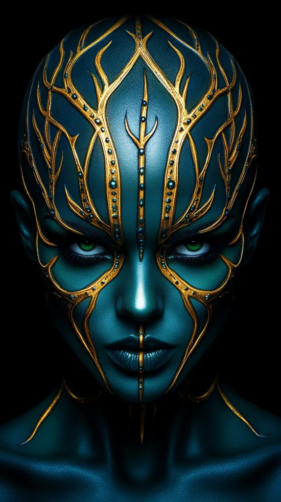 A close-up shot reveals a person with teal skin adorned with intricate gold body paint. The design resembles branching vines or a stylized mask, punctuated by small, golden beads.  Their eyes, a striking green, command attention against the dark background, creating a dramatic and otherworldly effect.  The image is visually striking, suggestive of fantasy or science fiction.