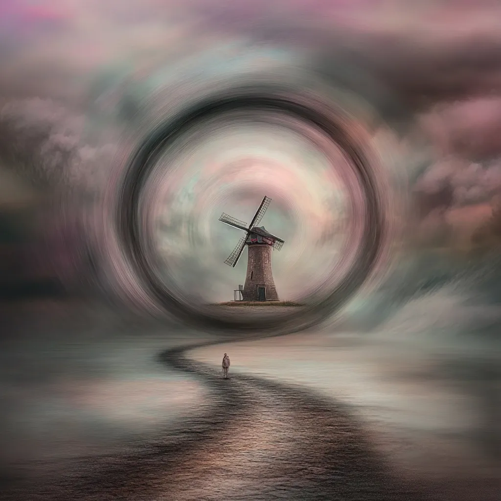 A solitary figure walks a winding path towards a windmill nestled within a swirling, ethereal vortex.  The scene is dreamlike, with muted pastel tones dominating the sky and a calm, reflective surface mirroring the path. The windmill stands as a beacon in this surreal, atmospheric landscape, creating a sense of mystery and quiet contemplation.