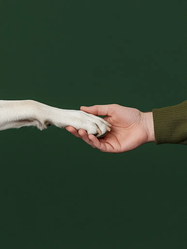 Against a deep green backdrop, a dog's paw gently rests in a human hand.  The image showcases a light-colored paw with visible pads and nails, contrasting against the darker human skin.  The composition emphasizes the bond between human and animal, suggesting companionship and loyalty. The simple background highlights the central focus of the touching moment.