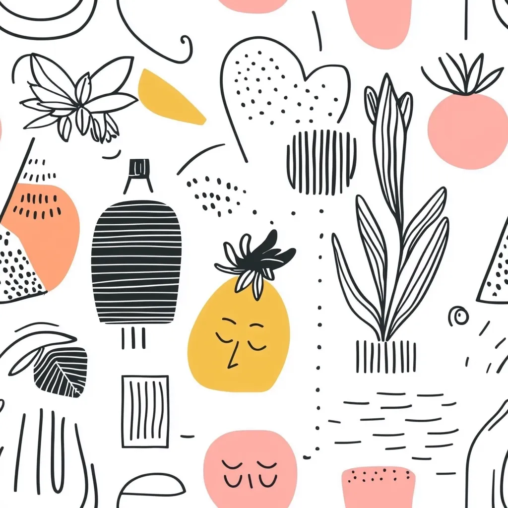 A playful, abstract pattern featuring hand-drawn elements.  Yellow pineapple faces, pink circles with simple features, and black and white linework create a whimsical, modern design.  Organic shapes like leaves and abstract forms are combined with geometric elements, resulting in a vibrant and eclectic textile or wallpaper print.  The overall aesthetic is cheerful and slightly quirky.