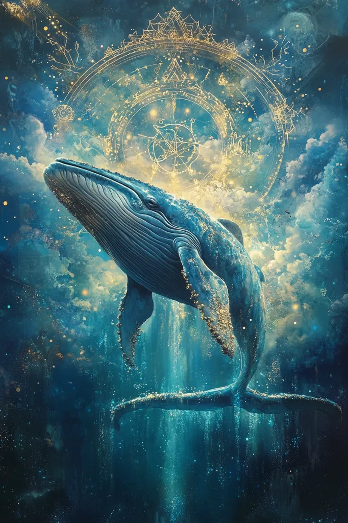 A majestic humpback whale, adorned with golden particles, leaps through a celestial ocean.  Surrounding it is a luminous, golden celestial compass, radiating ethereal light against a backdrop of swirling nebulae and clouds. The scene is a surreal blend of aquatic and cosmic elements, evoking a sense of wonder and the interconnectedness of nature and the universe. The whale's graceful form and the glittering details create a breathtaking, dreamlike image.