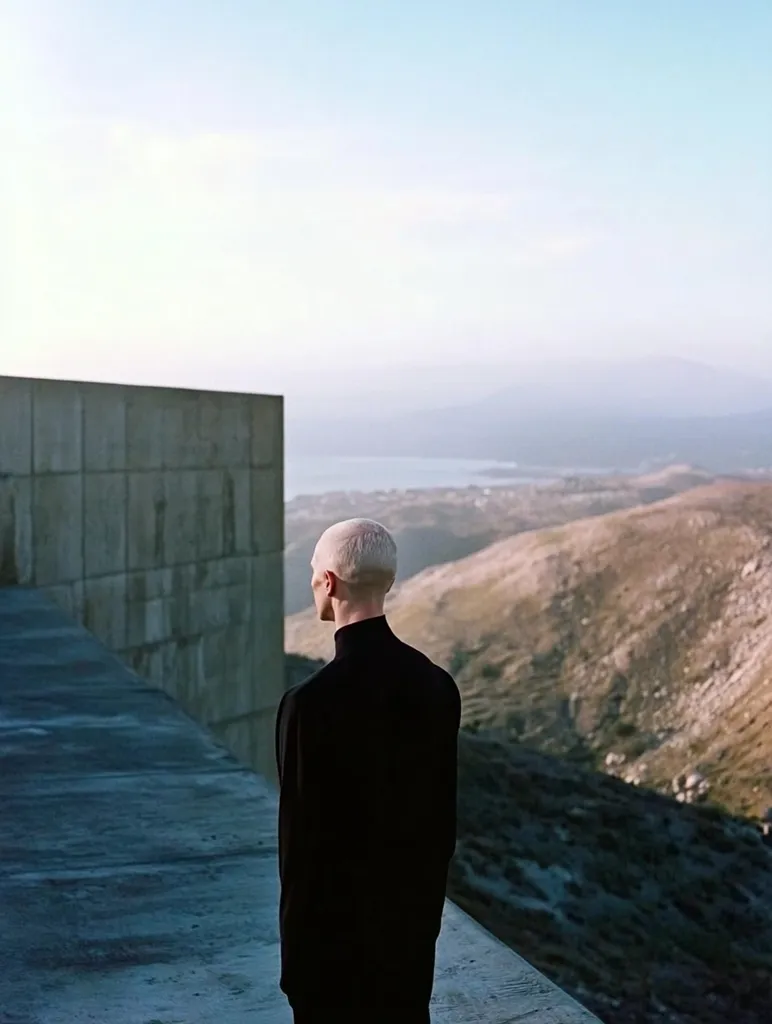 A person with a shaved head, wearing a black turtleneck and jacket, stands on a concrete structure overlooking a vast, hilly landscape. The background features rolling hills and a distant body of water under a pale sky. The scene is minimalist, with a focus on the figure's contemplative posture and the expansive view. The overall mood is serene and slightly melancholic.