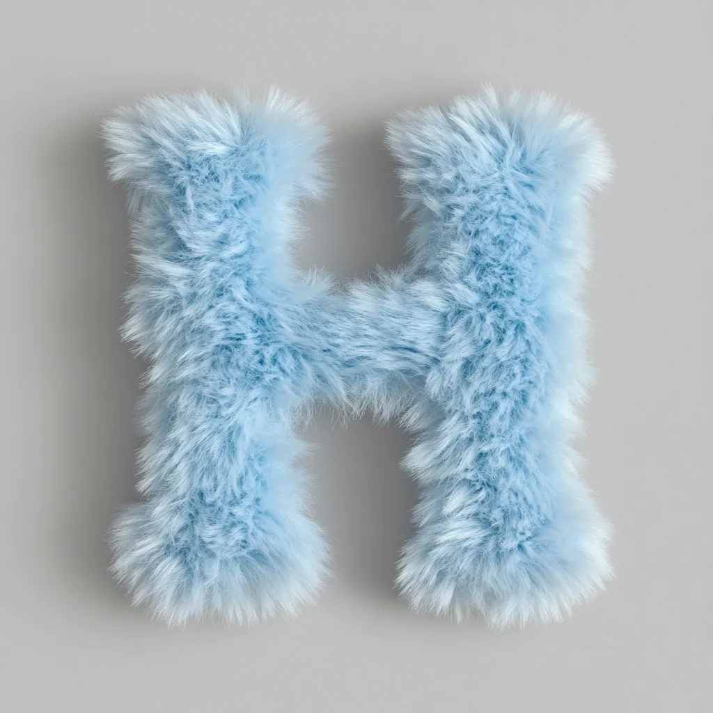 A fluffy, light blue letter "H" is presented against a neutral gray backdrop.  The letter is rendered in a faux fur texture, giving it a soft and plush appearance.  The individual strands of fur are visible, creating a three-dimensional effect. The image is simple and clean, highlighting the unique textural quality of the letter.