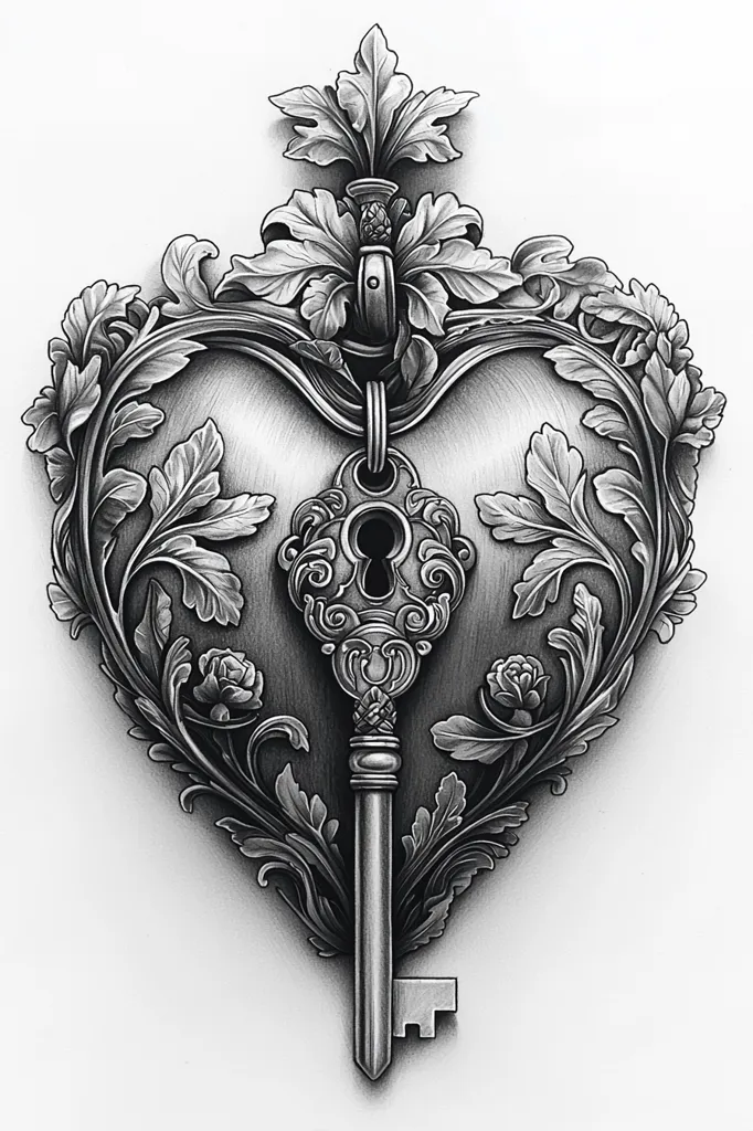 A meticulously detailed pencil drawing showcases an ornate heart-shaped lock and key. The heart is intricately adorned with swirling foliage and blossoms, creating a sense of elegance and romance. The key, equally elaborate, hangs from the lock, its design mirroring the heart's ornamentation. The grayscale palette enhances the piece's intricate details and delicate shading, giving it a timeless and captivating aesthetic.  The image evokes feelings of secrecy, love, and the passage of time.