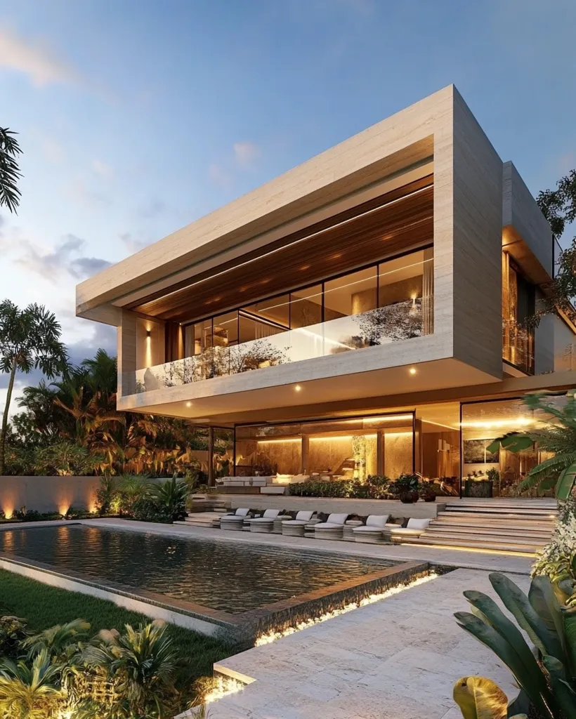 A modern, two-story house with clean lines and large windows overlooks a tranquil swimming pool.  The exterior is light beige stone, accented with warm wood.  The pool area features built-in seating and landscaping, creating a luxurious outdoor living space.  The home's interior is subtly lit, hinting at a sophisticated and comfortable design. The setting suggests a tropical or subtropical climate.