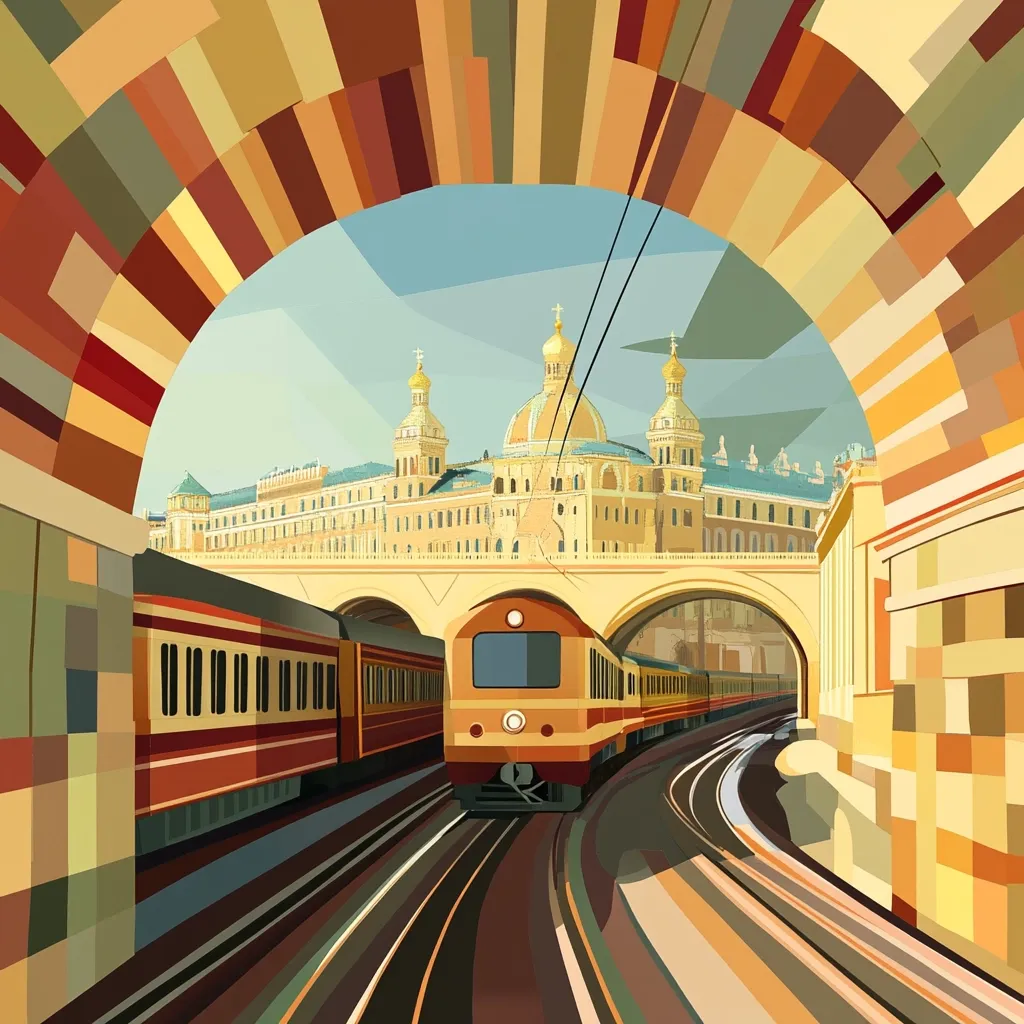 A stylized illustration depicts a train emerging from a geometric tunnel.  The train, rendered in warm oranges and reds, travels towards a grand, ochre-colored building with prominent domes, reminiscent of Eastern European architecture. The tunnel's entrance is designed with a vibrant array of rectangular shapes in earth tones. The scene blends realistic architectural elements with abstract geometric design.