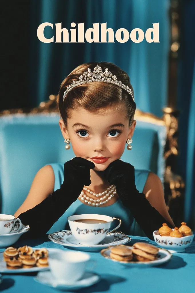 A young girl, elegantly dressed in a teal dress, black opera gloves, and a tiara, sits at a table set for tea.  She wears a pearl necklace and holds her chin delicately.  The scene is reminiscent of a vintage photograph, exuding a sophisticated and charming atmosphere, perfectly capturing the essence of childhood innocence and elegance.  The word "Childhood" is superimposed on the image.