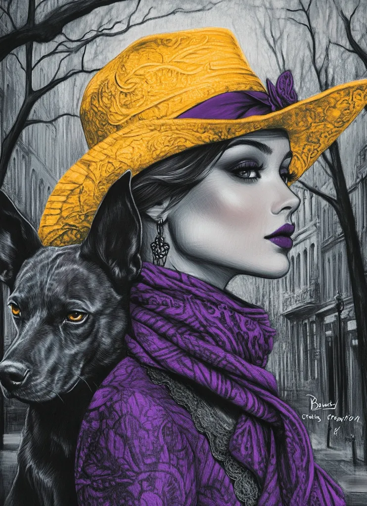 A stylized portrait depicts a woman in a large yellow hat with purple accents, draped in a purple shawl.  She has dark hair and striking eyes, and a black dog with glowing eyes rests beside her. The background is a grayscale cityscape, creating a stark contrast to the vibrant colors of the woman's attire.  The detailed rendering suggests a graphite or charcoal drawing with subtle color additions. The overall mood is mysterious and elegant.
