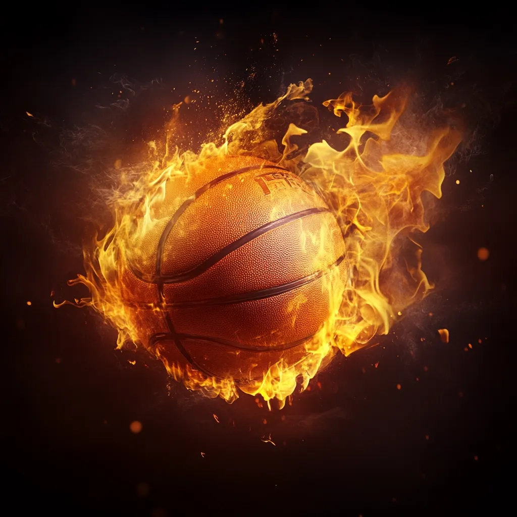 A basketball engulfed in vibrant flames against a dark background. The fire's intensity and the basketball's texture create a dramatic visual, suggesting passion, energy, and the heat of competition.  The image evokes feelings of excitement and intense sporting action.  Sparks and smoke add to the dynamic, fiery effect.