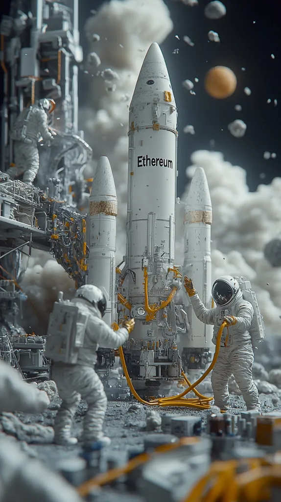 A futuristic scene depicts astronauts on a lunar-like landscape preparing a rocket labeled "Ethereum" for launch.  The rocket is surrounded by smoke and debris, with additional smaller rockets flanking it.  Astronauts in spacesuits are seen connecting cables and overseeing the launch preparations, suggesting a symbolic representation of the cryptocurrency's growth and expansion.  The overall aesthetic is hyperrealistic and detailed.