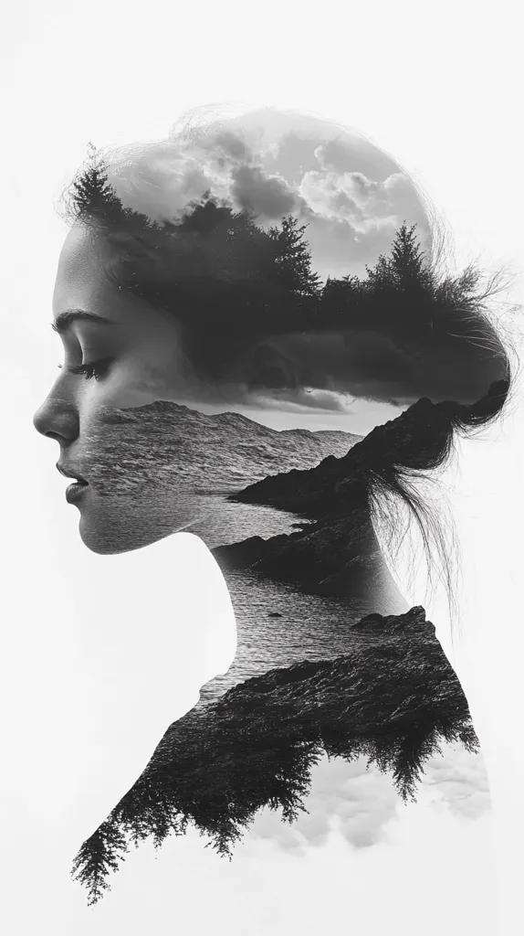 A monochromatic double exposure photograph depicts a woman's profile superimposed with a landscape.  Her hair blends seamlessly into a cloudy sky above a tranquil sea and rugged coastline.  The image evokes a sense of serenity and the interconnectedness of nature and humanity, creating a visually striking and emotionally evocative piece.