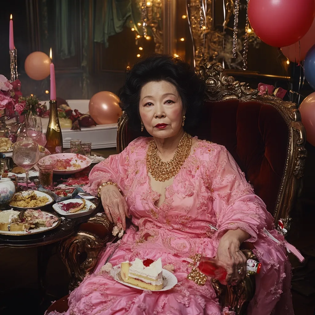 An elderly Asian woman, elegantly dressed in a pink lace robe and adorned with gold jewelry, sits in a plush velvet chair amidst the aftermath of a lavish party.  A half-eaten cake sits before her on a plate, surrounded by remnants of a messy feast.  Balloons and candles add to the opulent yet slightly chaotic scene.  Her expression is serious, perhaps reflecting on the celebration's conclusion.