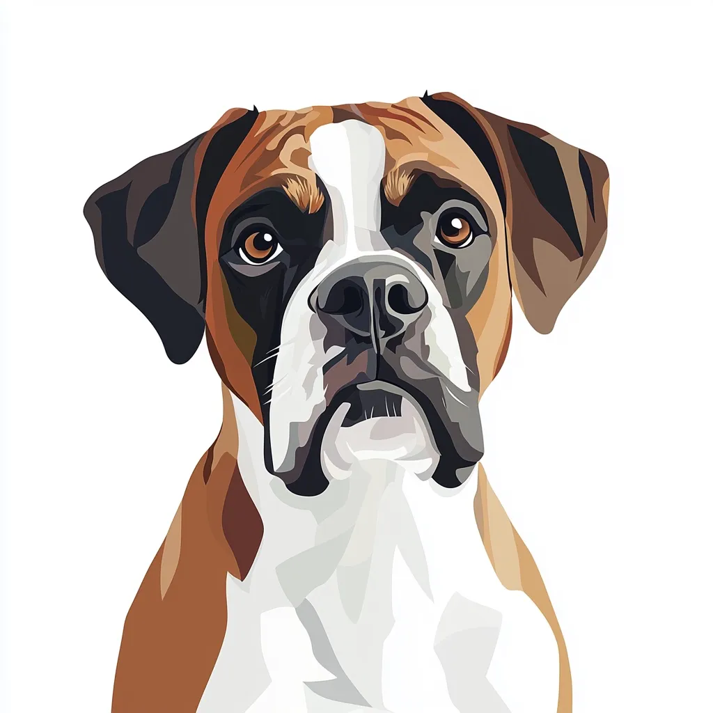 A stylized illustration of a fawn and white Boxer dog.  The dog's head and shoulders are shown, facing the viewer. Its expression is serious and alert.  The art style uses bold colors and geometric shapes to create a clean, modern look. The background is plain white, making the dog the focal point.