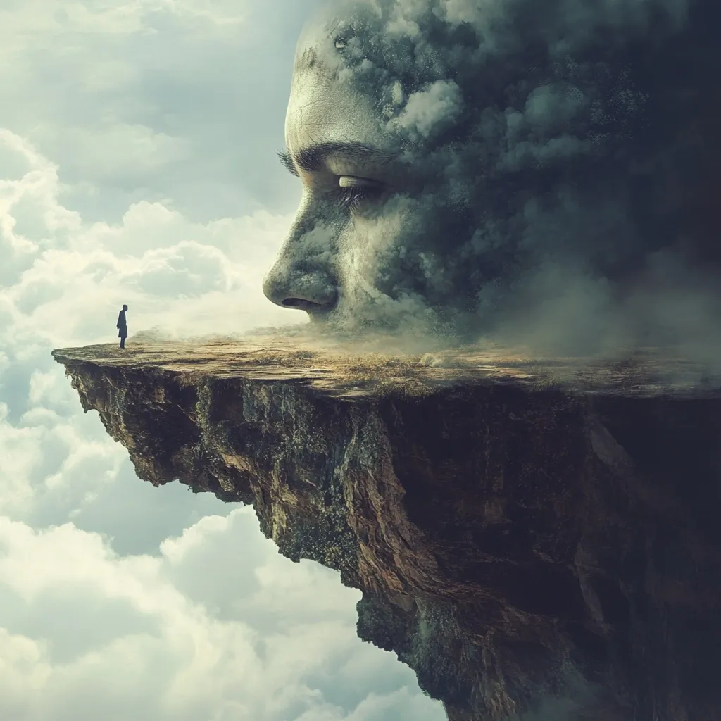 A solitary figure stands on a precipice overlooking a colossal, cloud-enshrouded face emerging from the earth. The face, partially obscured by mist and smoke, dominates the landscape.  The vastness of the face and the smallness of the figure emphasize a sense of awe and the insignificance of humanity in the face of nature or a higher power.  The scene is surreal and evokes feelings of wonder and mystery.
