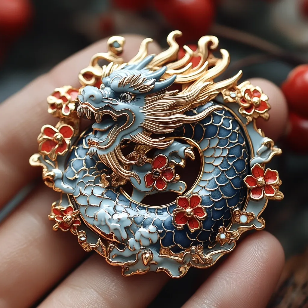 A meticulously crafted dragon brooch, swirling in a circular design, is showcased.  The dragon, rendered in shades of blue and gold, is detailed with intricate scales and a powerful visage.  Red enamel flowers accentuate the piece, adding pops of vibrant color against the cool tones of the dragon and its gold trim. The brooch rests elegantly on a hand, highlighting its exquisite craftsmanship.