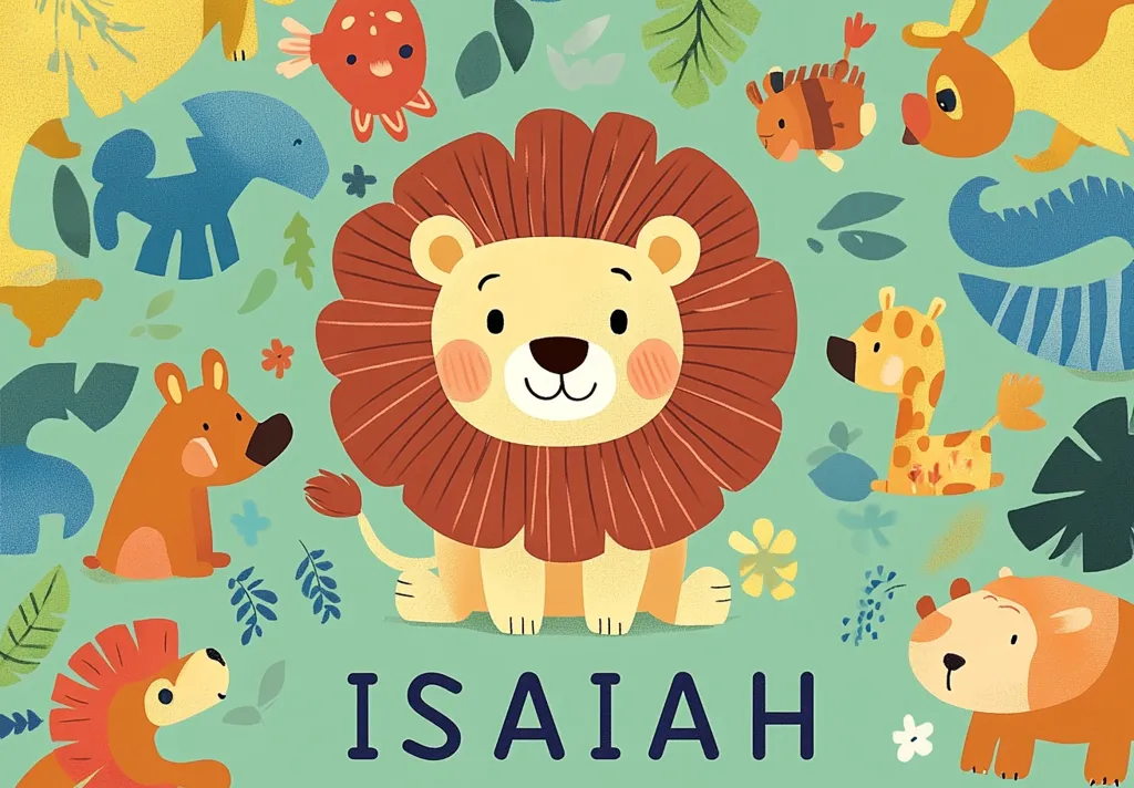 A cheerful illustration features a central lion cub named Isaiah, surrounded by various cartoon animals including a giraffe, a bear, and a dinosaur.  Stylized tropical leaves and flowers decorate the teal background. The animals are depicted in a playful, childlike style with bold colors and simple shapes.  The overall impression is one of fun and whimsy, suitable for children's décor.
