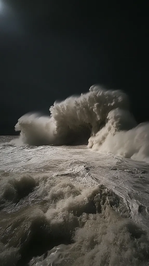 A dramatic nighttime seascape features a colossal wave cresting into a breathtaking arch.  The wave's powerful form is dramatically lit against the dark sky, its frothy white spray contrasting with the deep, inky blackness of the ocean and the night. The turbulent water surrounding the main wave adds to the scene's raw energy and awe-inspiring scale.