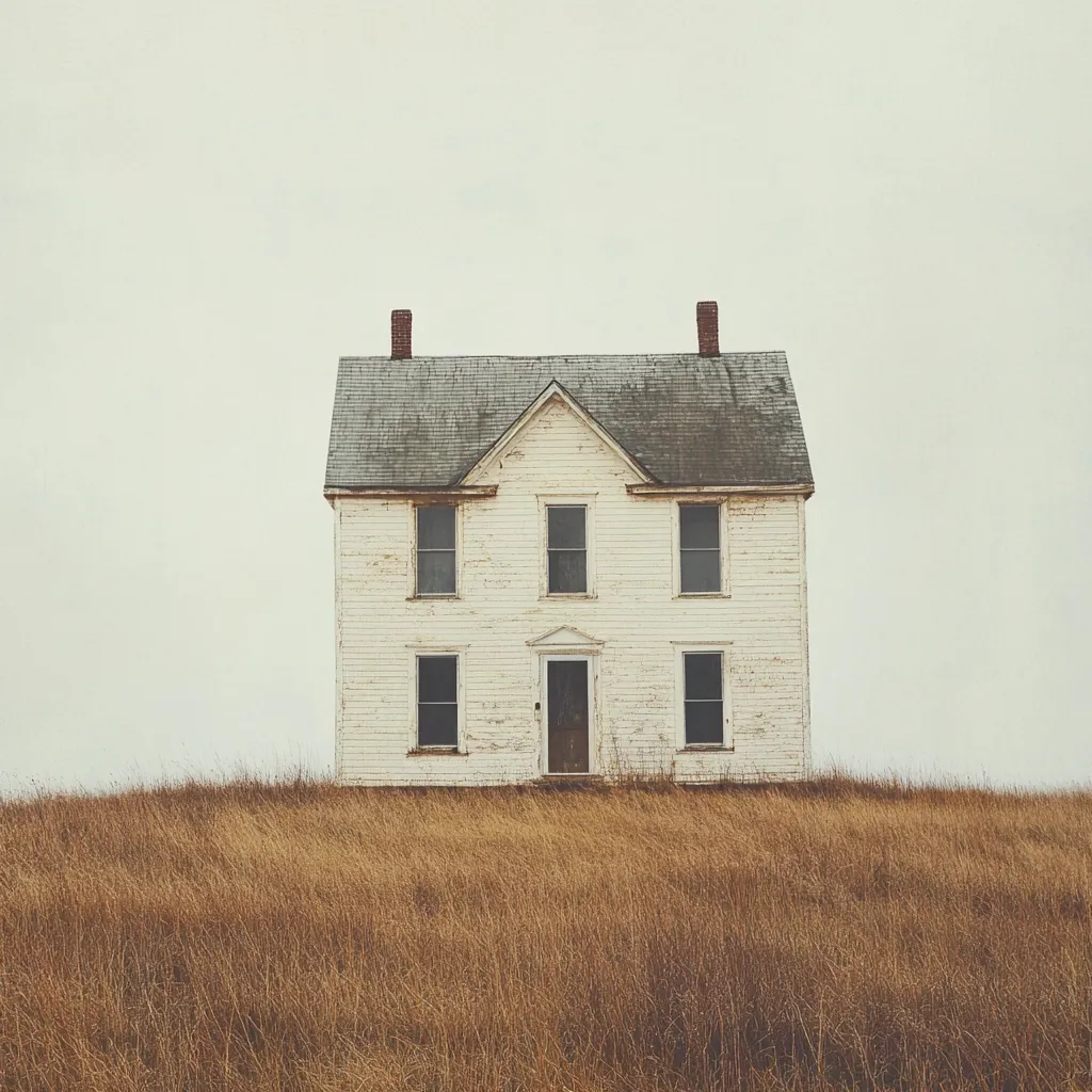 A weathered, white two-story farmhouse sits atop a gently sloping hill covered in tall, dry grass. The house features a gabled roof, two chimneys, and several windows, many appearing dark and vacant.  The paint is peeling, suggesting age and disuse. The overall impression is one of quiet solitude and rural isolation.
