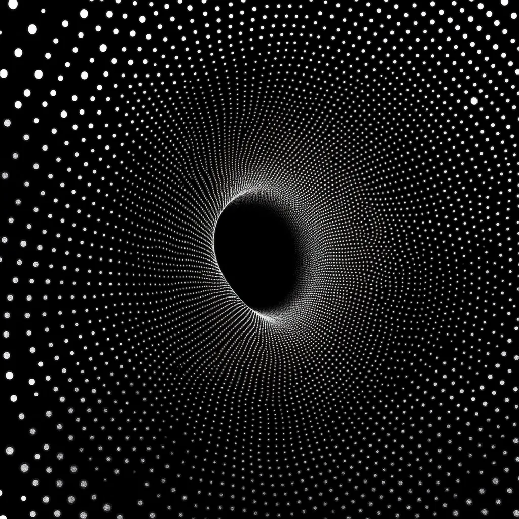 The image depicts a mesmerizing abstract tunnel formed by countless tiny white dots on a black background. The dots are densely packed, creating a swirling vortex effect that draws the viewer's eye towards a dark, central void.  The perspective creates a sense of depth and movement, suggesting a journey into the unknown.  The design is minimalist yet visually striking, using only contrast and pattern to achieve its impact.