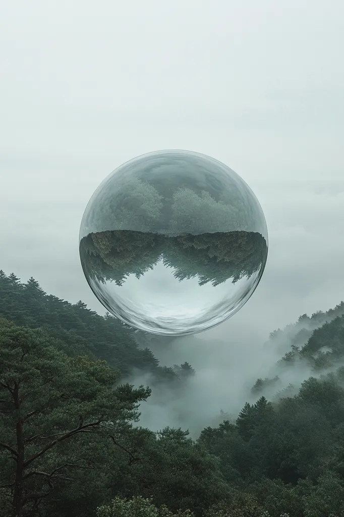 A large, transparent sphere floats above a misty forest. The sphere reflects the surrounding landscape, creating a mirrored image of the trees and fog below. The overall mood is serene and ethereal, with a soft, muted color palette of greens and grays. The image evokes a sense of mystery and wonder, suggesting a surreal or dreamlike atmosphere.  The contrast between the solid forest and the floating sphere is striking.