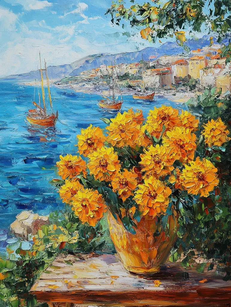 A vibrant oil painting depicts a coastal scene.  Bright yellow flowers in a terracotta pot sit on a wooden table, overlooking a calm blue sea.  Several sailboats are anchored near a picturesque village nestled against a mountain backdrop under a partly cloudy sky. The painting uses bold brushstrokes and rich colors, creating a lively and sun-drenched Mediterranean atmosphere.