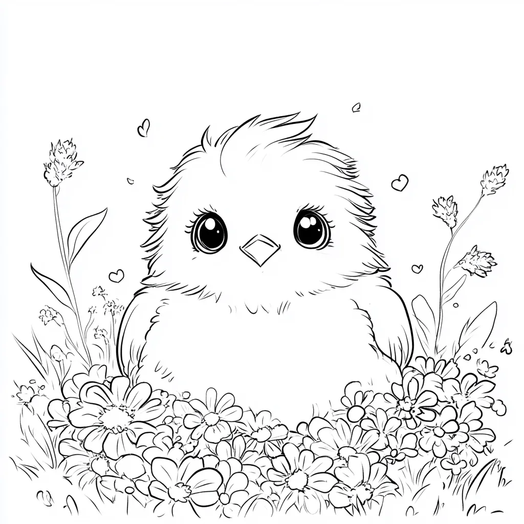 A cute, fluffy chick with large, expressive eyes sits nestled amongst a bed of flowers.  Delicate line art depicts the chick and surrounding flora, including small blossoms and wispy stems.  Tiny hearts float in the air, adding to the charming, whimsical scene, perfect for coloring. The image is simple yet detailed, suitable for children or adults.