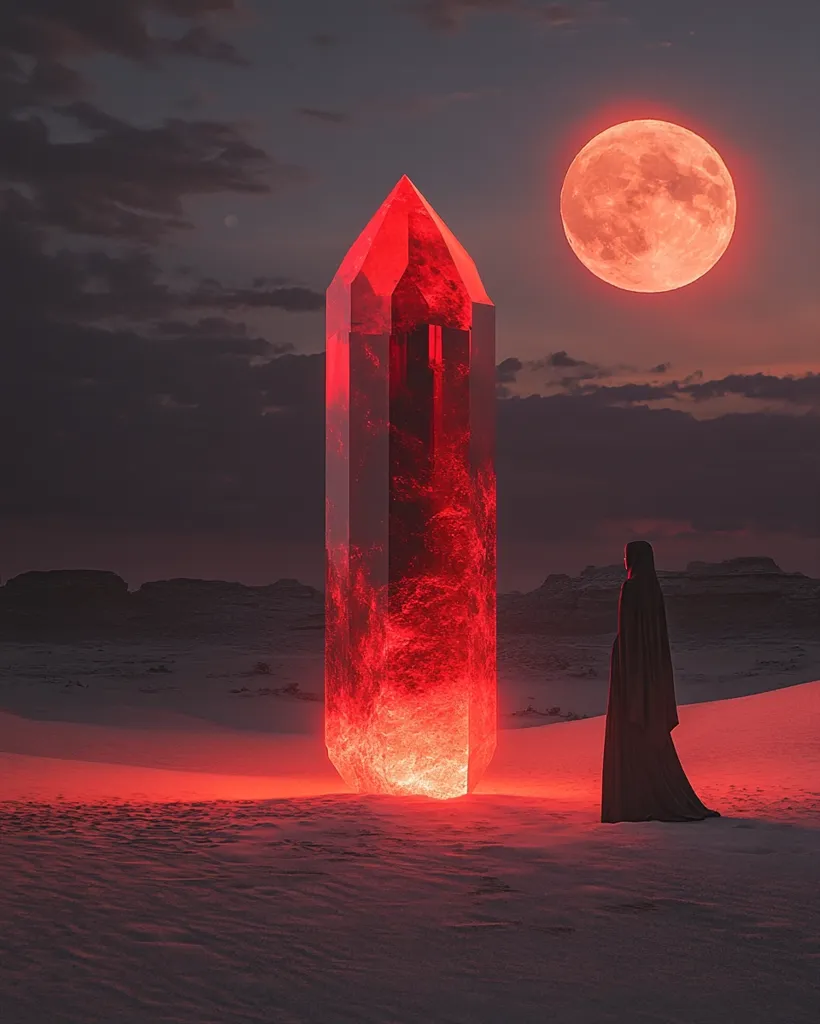A crimson monolith, glowing intensely, stands in a desolate, snow-covered landscape under a blood-red moon.  A cloaked figure observes the enigmatic structure from a distance, the scene imbued with a surreal, otherworldly atmosphere.  The vibrant red hues dominate, creating a dramatic and mysterious image.