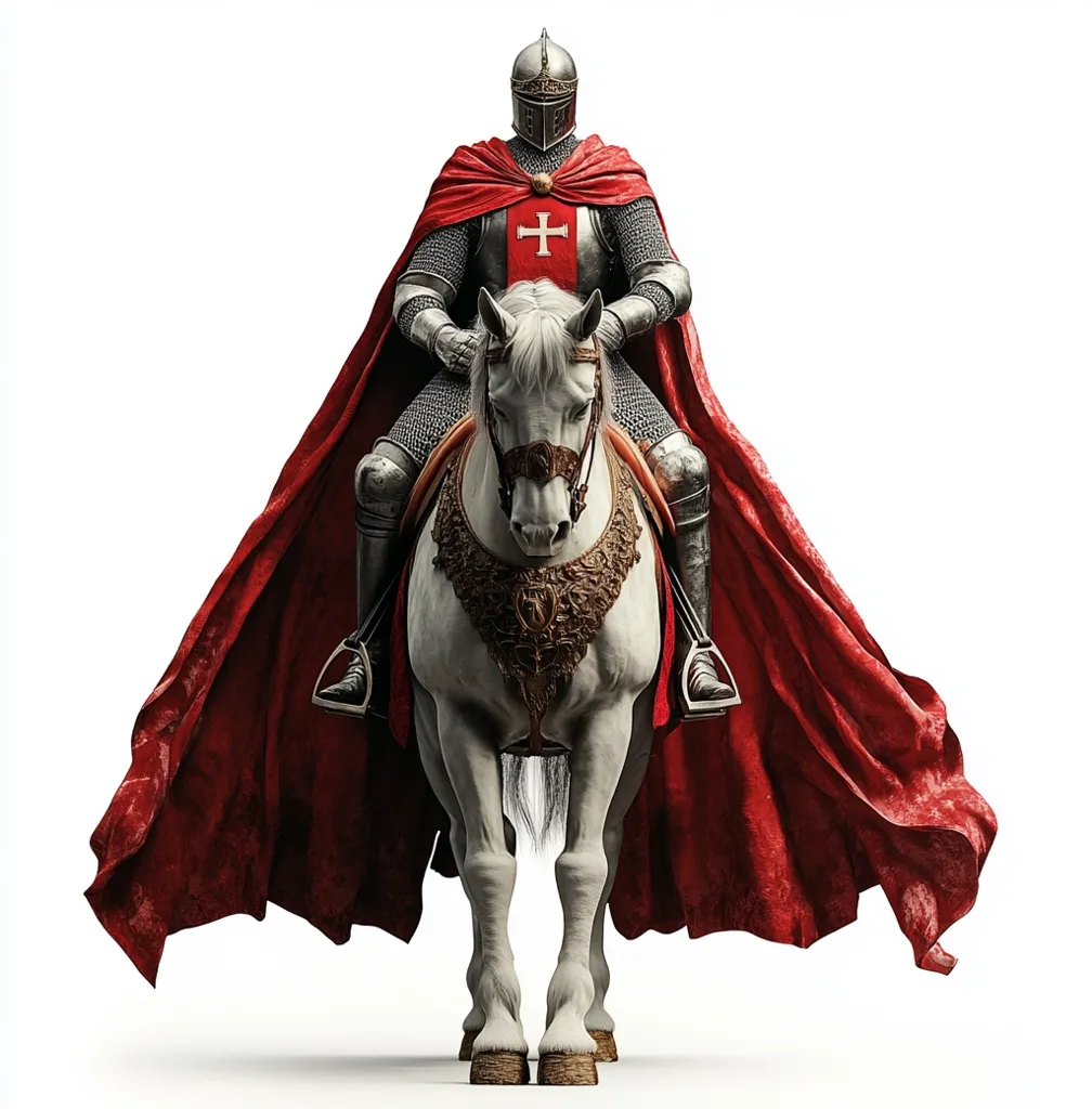 A knight in full plate armor, wearing a red cape bearing a white cross, sits astride a white horse.  The horse is adorned with ornate tack.  The knight's pose is regal and commanding, the image rendered in a highly detailed, realistic style against a stark white background. The flowing cape adds to the majestic impression of the scene.