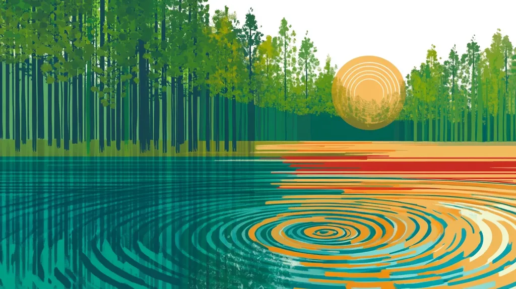 A stylized landscape depicts a tranquil lake reflecting a forest at sunset.  The water's surface shows concentric ripples emanating from a central point.  The trees are represented by vertical lines of varying greens, and the setting sun is a large, concentric circle of warm yellows and oranges.  The overall aesthetic is a blend of abstract and representational art, with bold color choices and simplified forms.